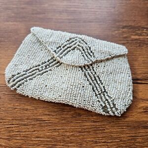 Vtg 20s 30s Made Belgium Beaded Mini Belt Coin Purse White Envelope Art Deco